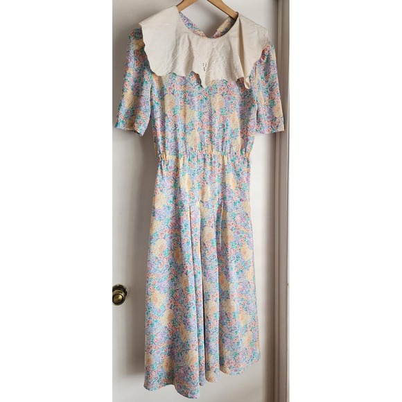 CO Dresses & Skirts - VTG Caroline Wells Dress 12 Pastel Floral Maxi Statement Lace Collar Cottagecore